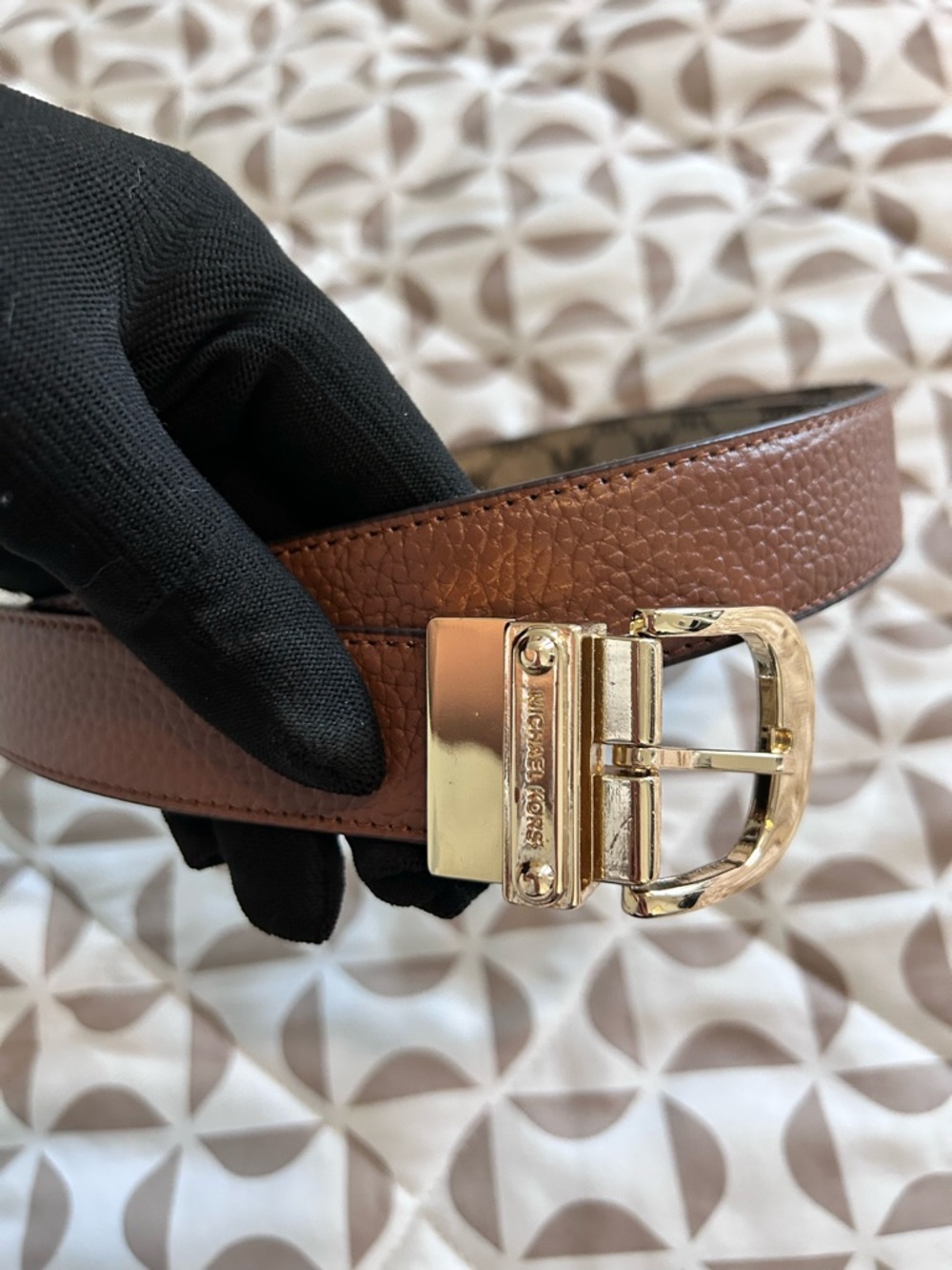 Michael Kors Pebbled Brown Leather Belt with Gold-Tone Buckle